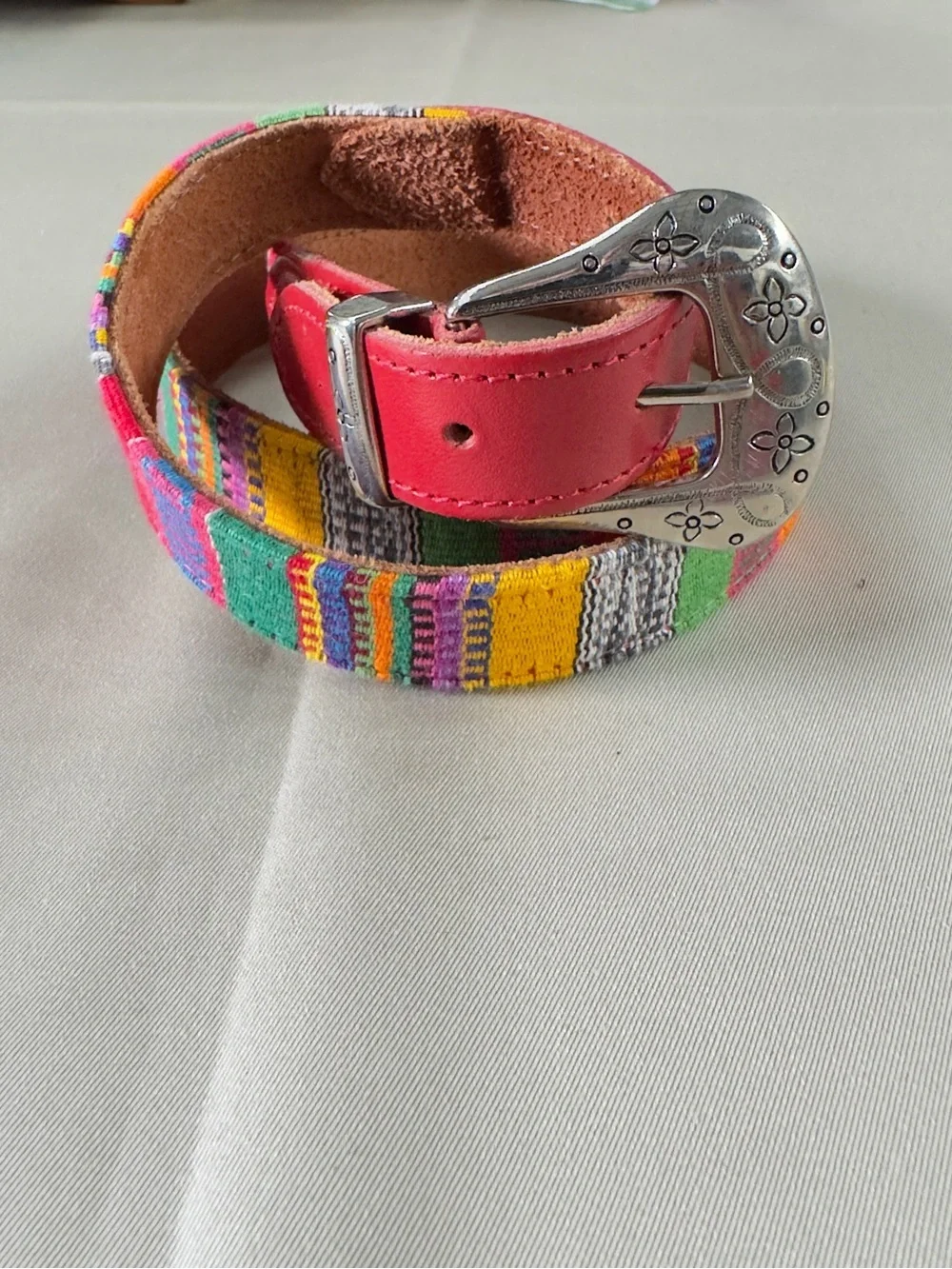 Woven Textile Leather Belt Colorful Southwestern Silver Floral Buckle